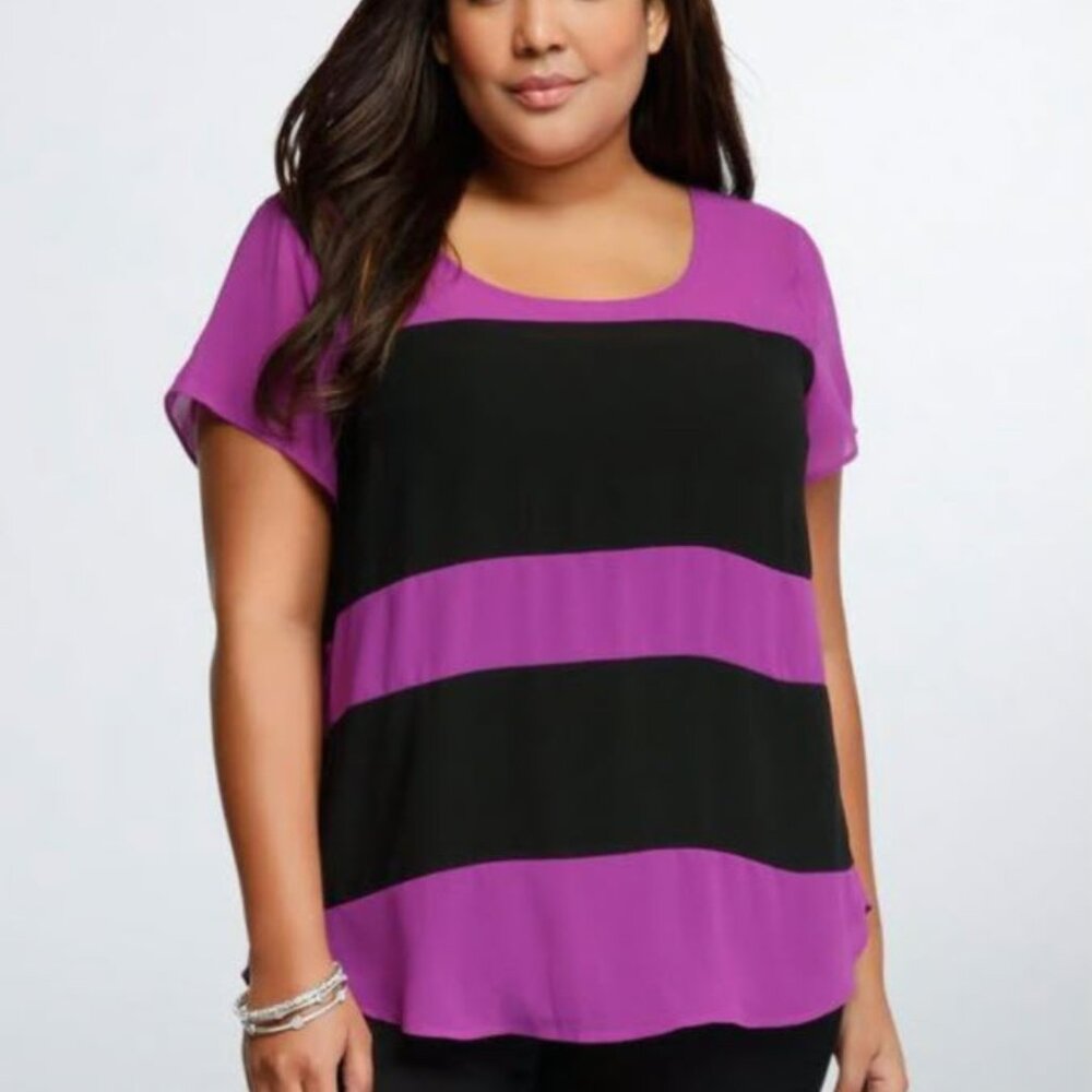 Torrid Women's Plus Size Black & Purple Color Block Chiffon Button Back Top 4 4x